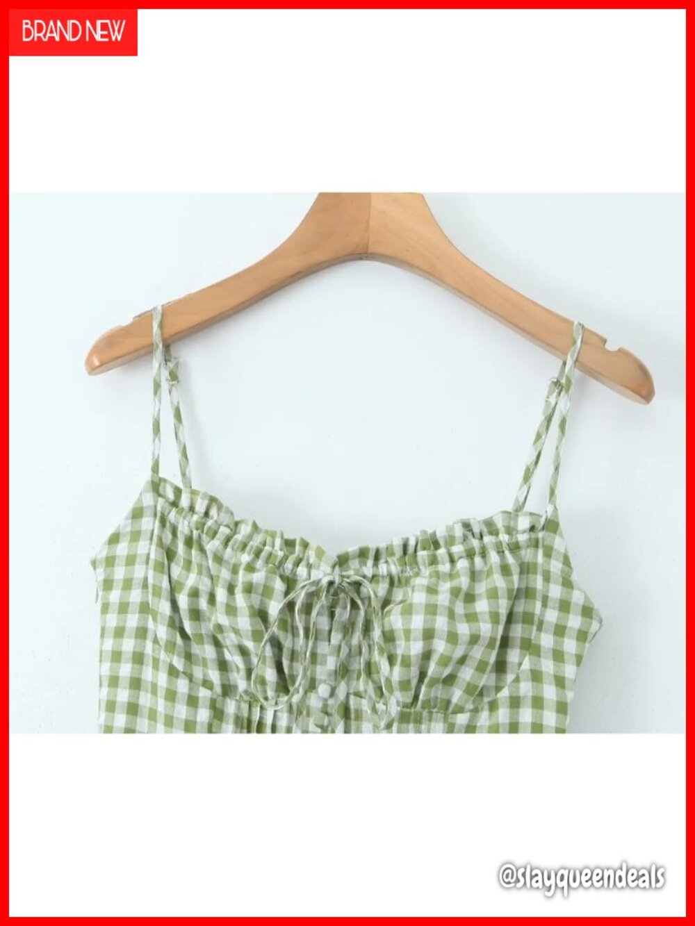 Women's Casual Vintage Lace Long Beach Corset Green Dress Gingham Spaghetti - Picture 2 of 5